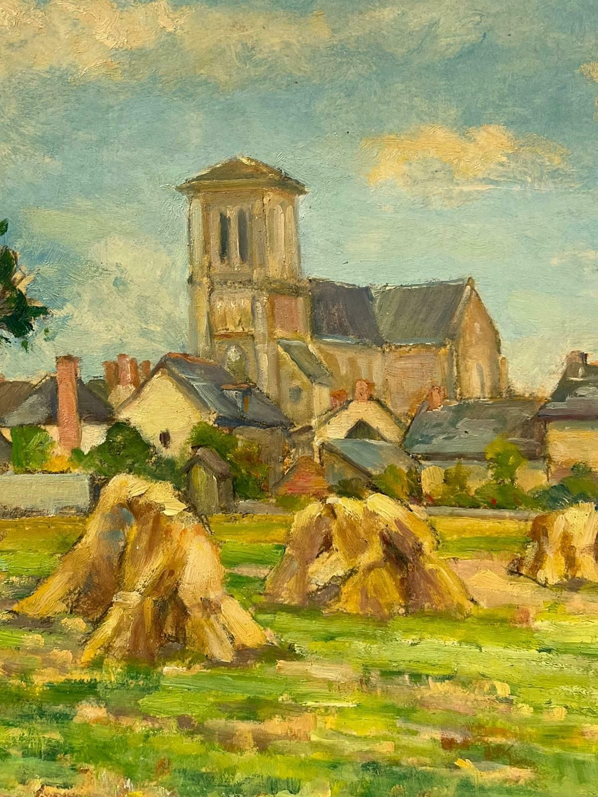 Regine David1940's French Impressionist Signed Oil Wheatsheaves In Village Harvest Field1945 photo vintage