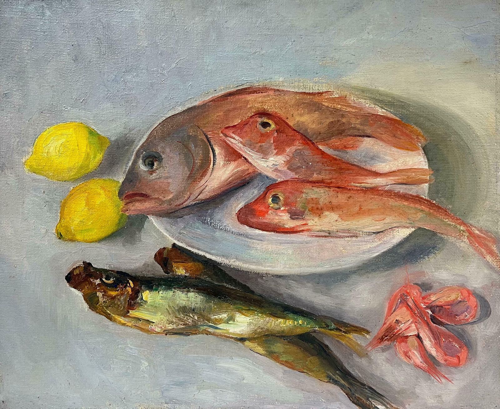 Regine Davidmid 20th Century 1950s French Oil Still Life Pink Fish & Lemons On Plate1950's