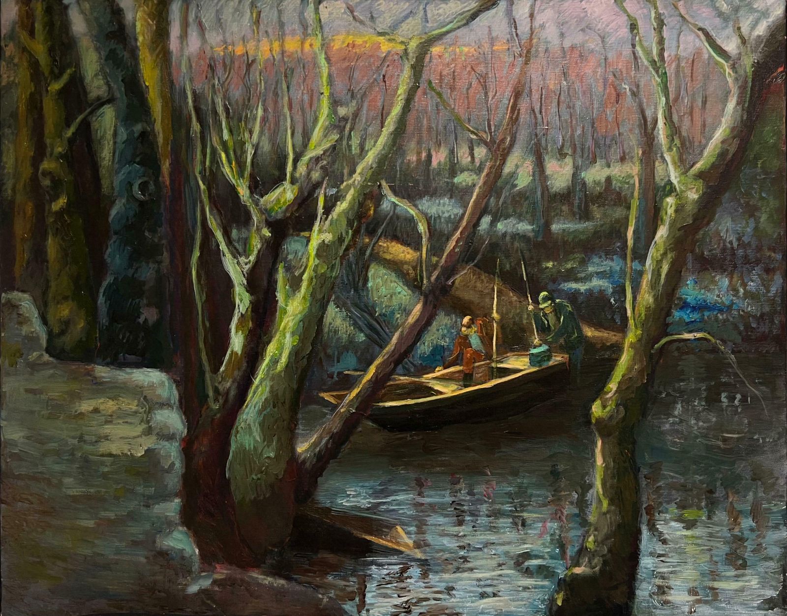 Guy Nicod (French 1923   2021) Fishermen In A Forested River Atmospheric French Oil Painting Woodland Scene20th Century