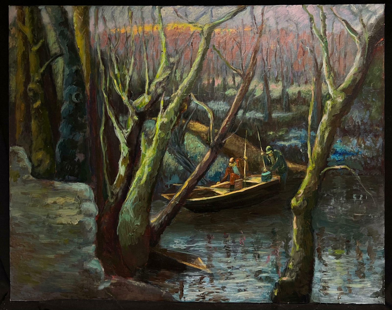 Guy Nicod (French 1923   2021) Fishermen In A Forested River Atmospheric French Oil Painting Woodland Scene20th Century photo Art