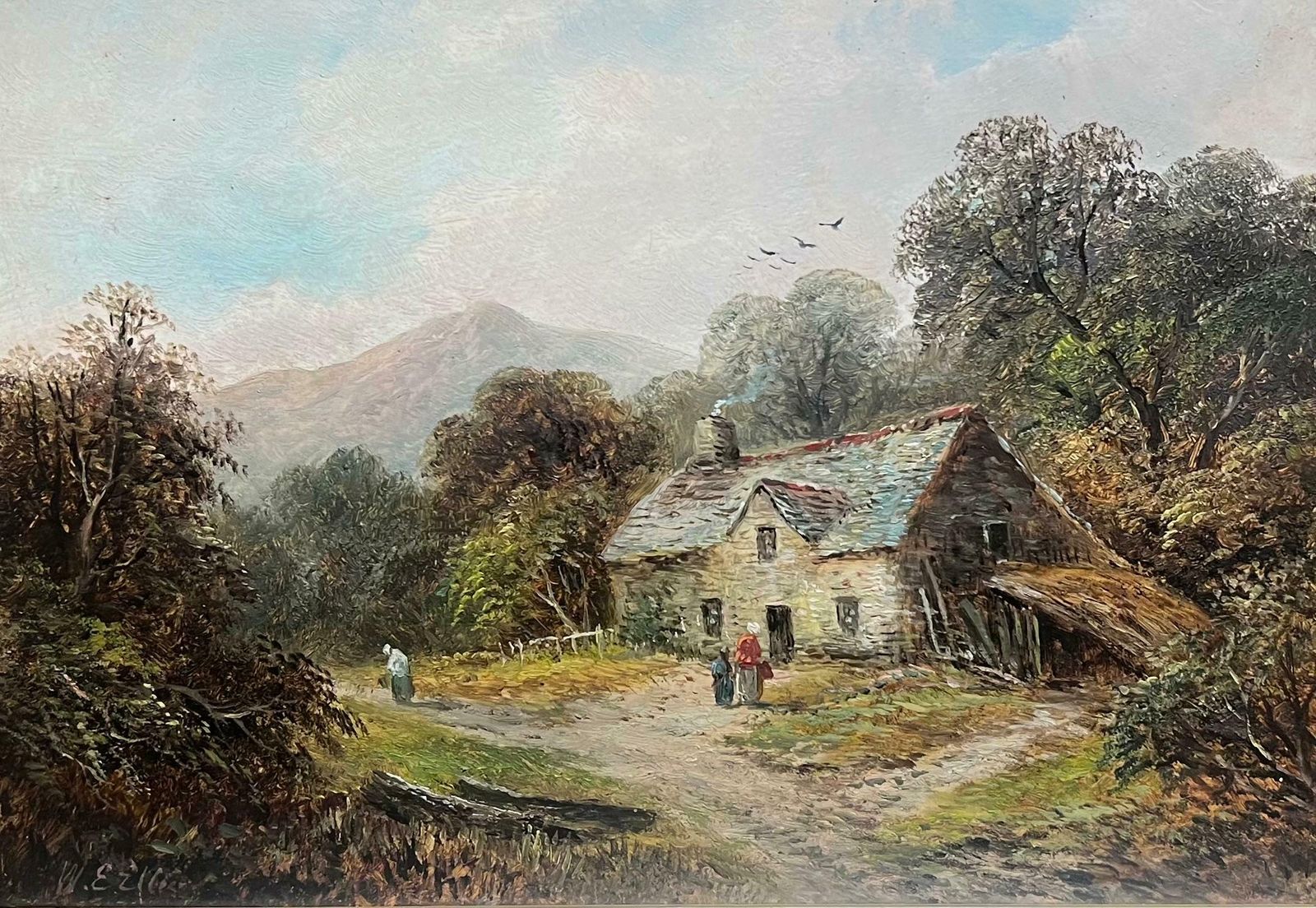 Welsh Schoolantique Welsh Oil Painting Charming Cottage With Figures In Countryside Setting 19th Century