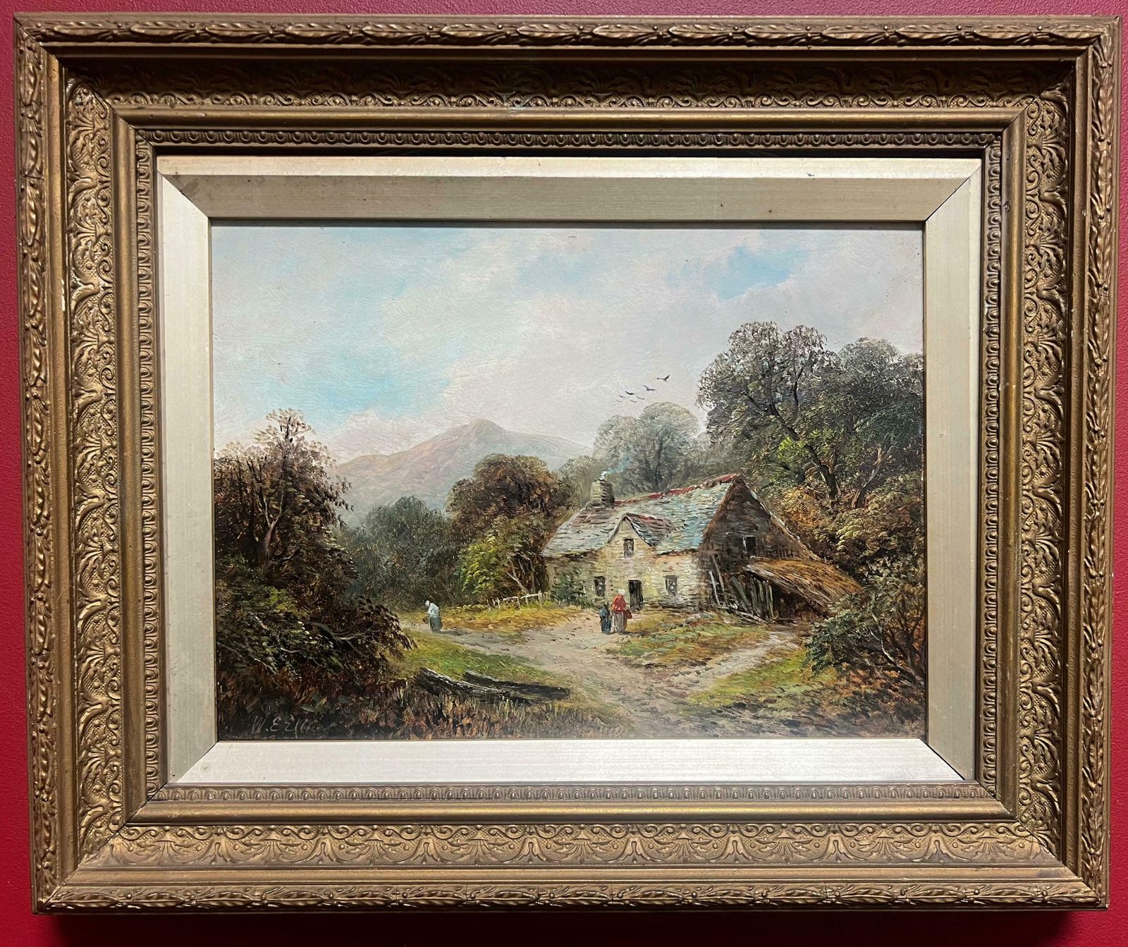 Welsh Schoolantique Welsh Oil Painting Charming Cottage With Figures In Countryside Setting 19th Century photo furniture