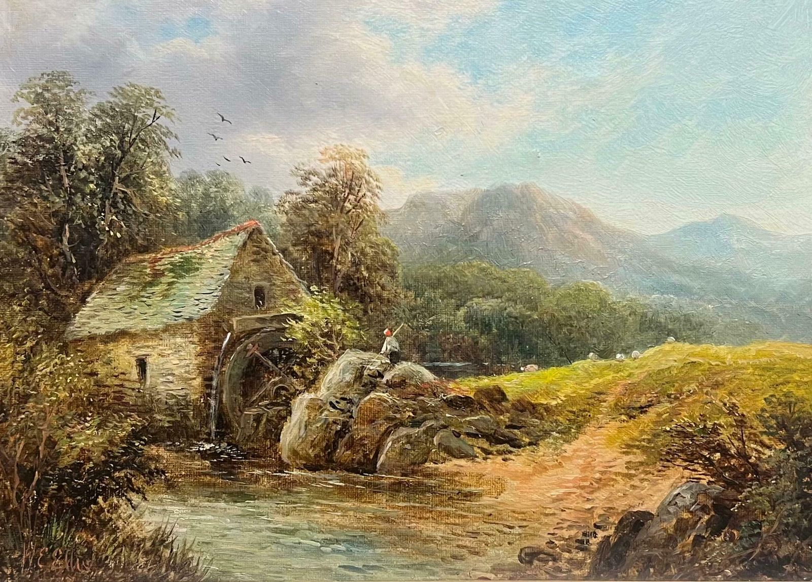 Welsh School19th Century Welsh Oil Landscape With Rustic Watermill With Figure By The Stream19th Century