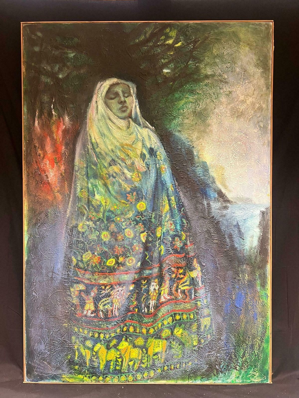 French Schoolhuge Portrait Veiled Female In Dreamlike Fusion Of Spirituality And Nature1970's photo for sale