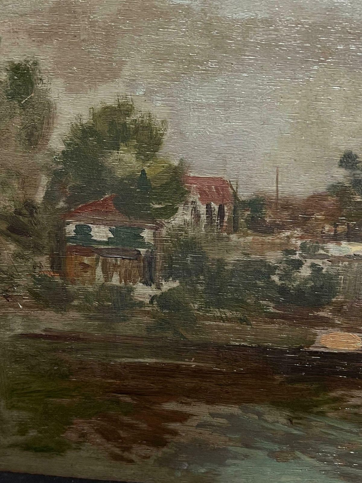 French Schoolantique French Impressionist Oil Grey Bridge Riverside Landscape Through Town1900's photo 611.0