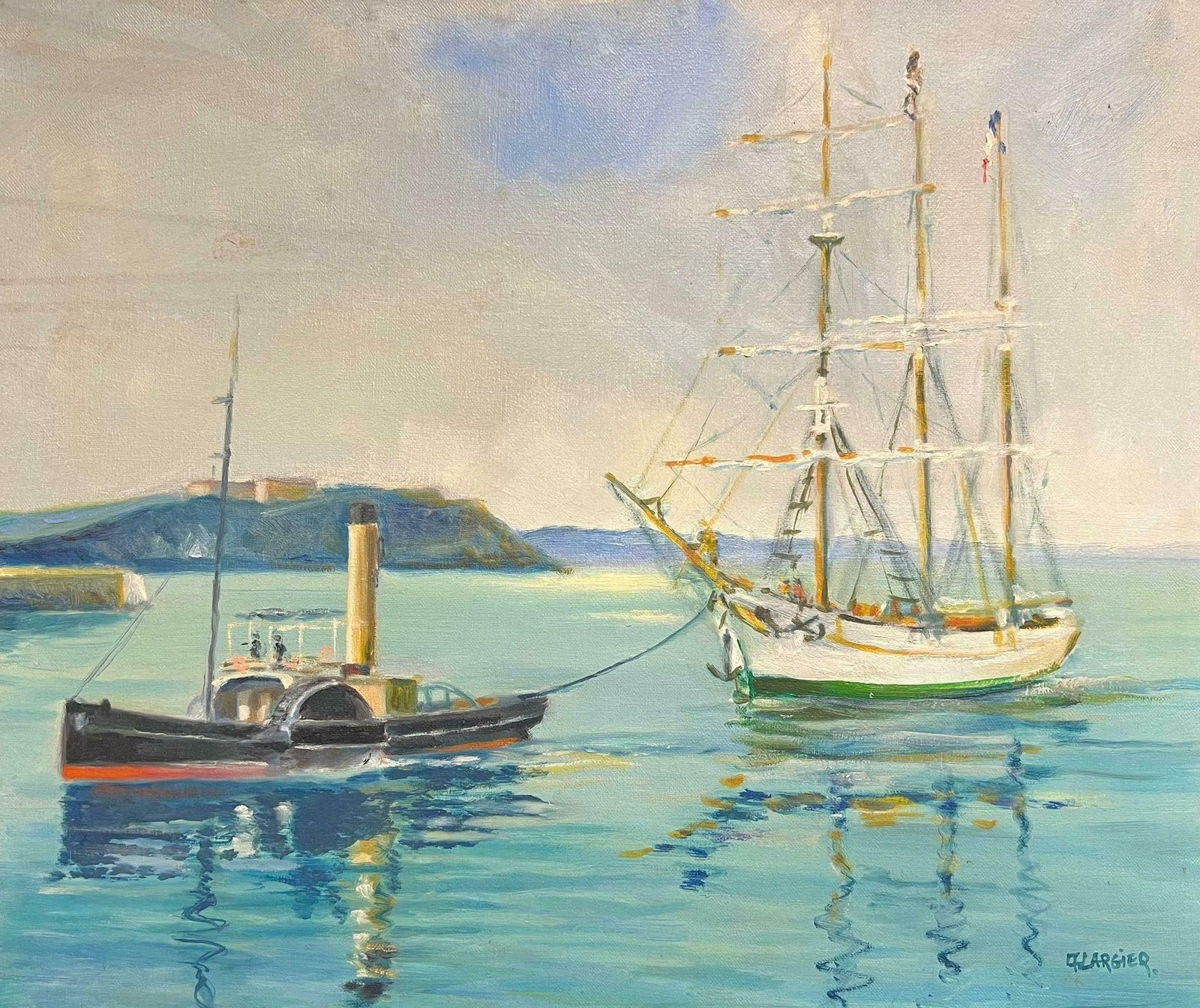 French School20th Century French Oil Blue Maritime Scene Of Steamship And Classic Yacht20th Century