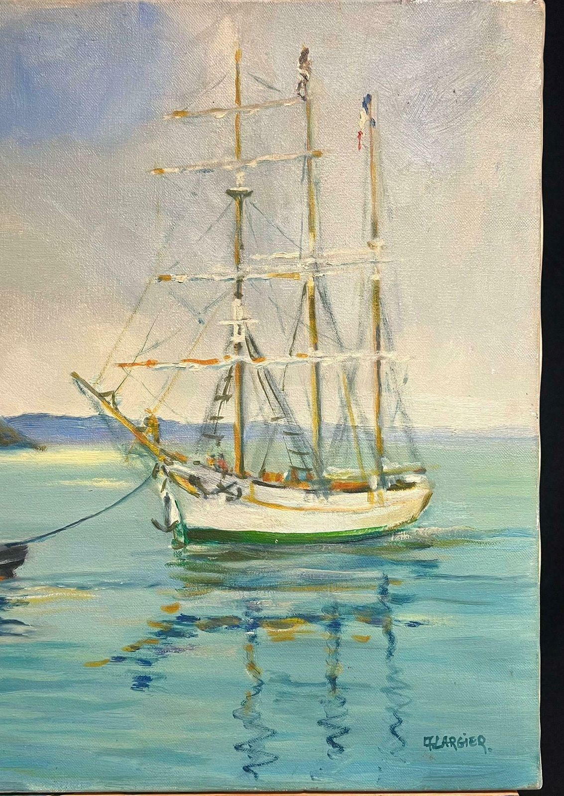 French School20th Century French Oil Blue Maritime Scene Of Steamship And Classic Yacht20th Century photo for sale