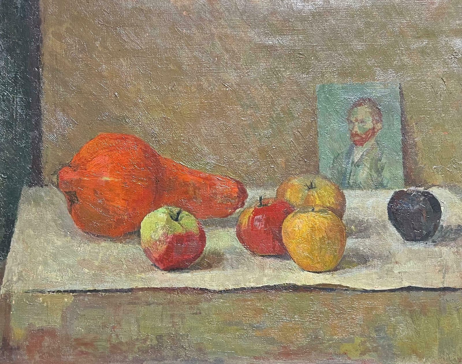 French School1930's French Post Impressionist Oil Still Life Fruit & Portrait Of Van Gogh1930's