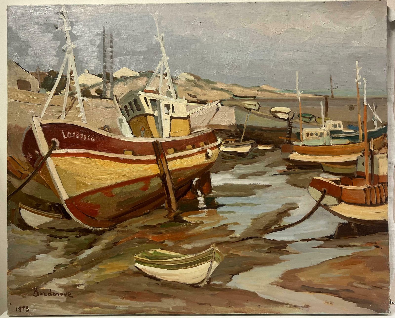 Georges Bordonove1970's French Post Impressionist Oil Painting Old Fishing Boats Low Tide Harbor1970's photo furniture