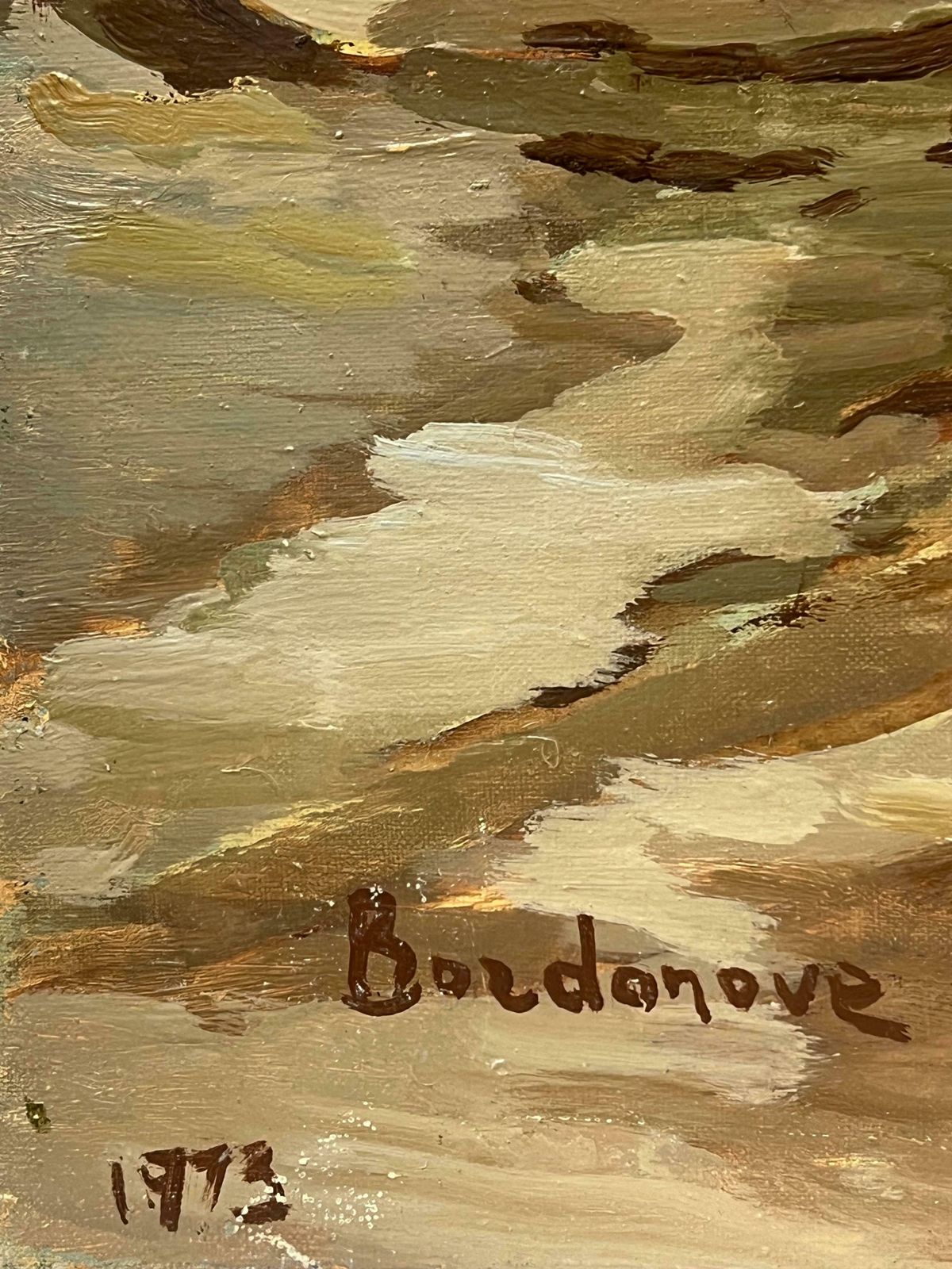 Georges Bordonove1970's French Post Impressionist Oil Painting Old Fishing Boats Low Tide Harbor1970's photo vintage