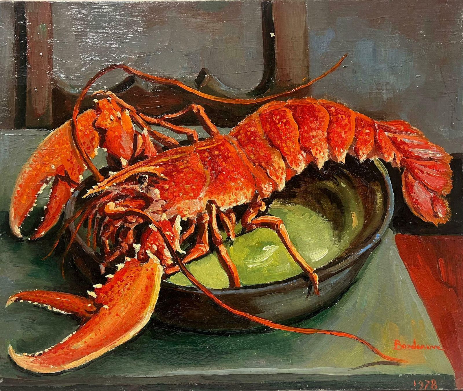 Georges Bordonovelarge French 1970's Oil Painting Red Lobster On The Table 1978