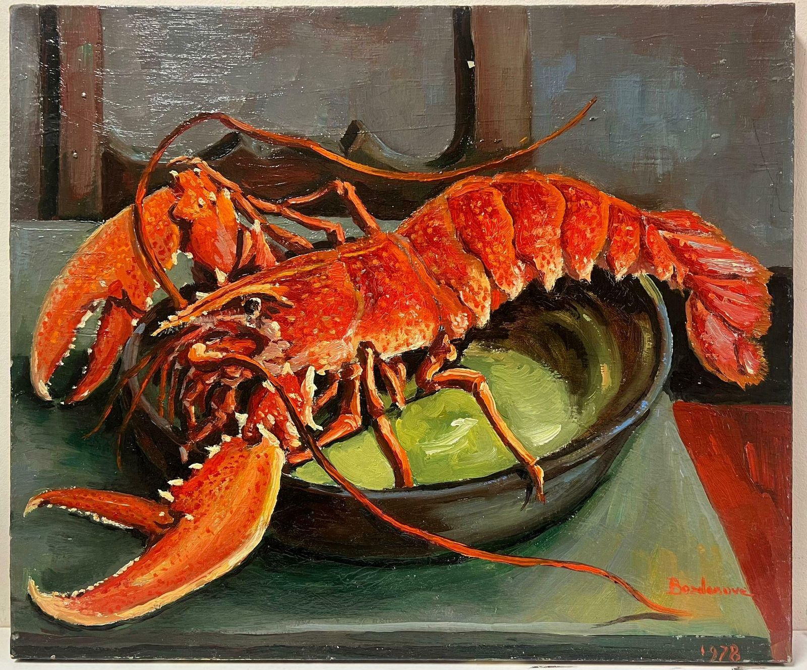 Georges Bordonovelarge French 1970's Oil Painting Red Lobster On The Table 1978 photo furniture