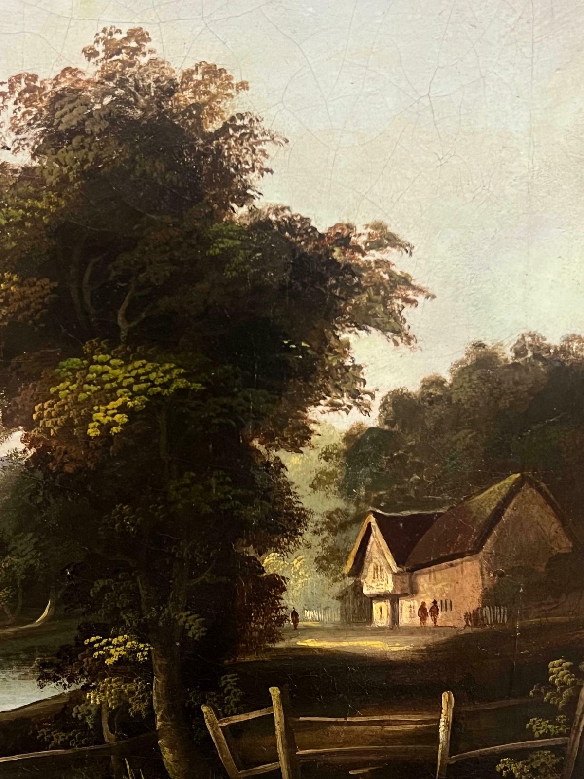English Early Victorianlarge 1830's English Oil Painting Tranquil River Landscape With Old Mill19th Century photo for sale