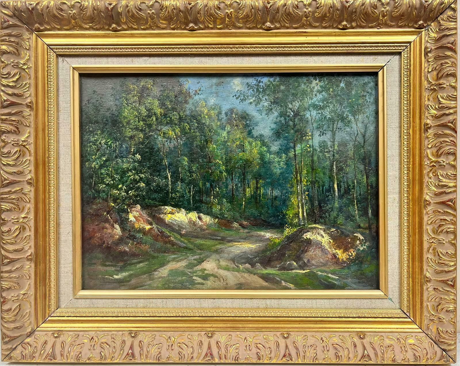 French Schoolantique French Impressionist Signed Oil Dappled Light Woodland Green Pathway photo furniture