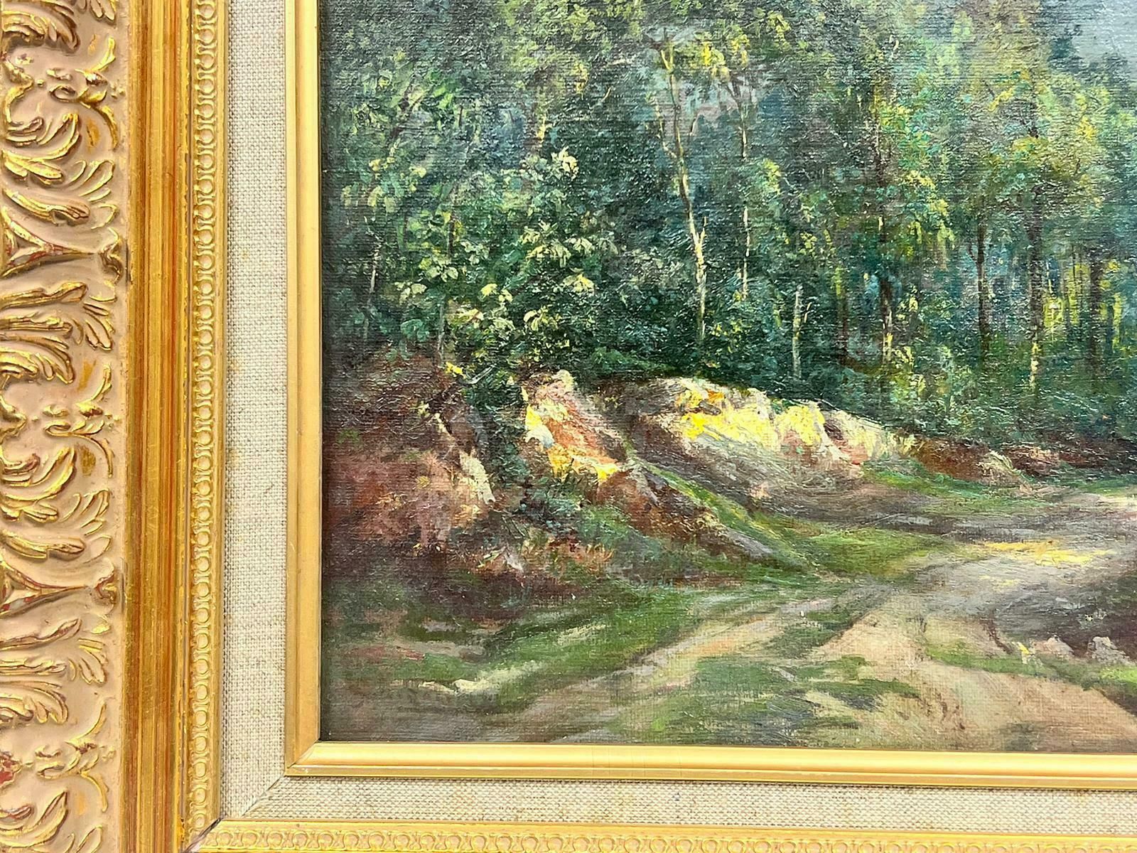 French Schoolantique French Impressionist Signed Oil Dappled Light Woodland Green Pathway photo vinterior