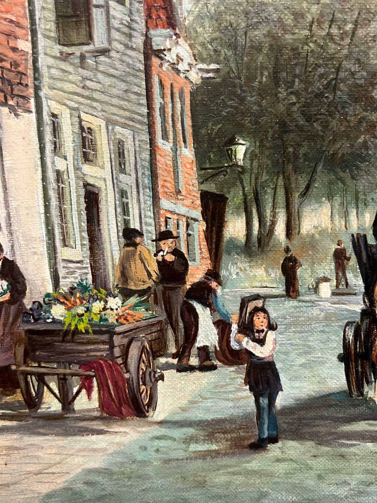 Dutch Schoolbusy Dutch Canal Market Scene Large Signed Oil Painting With Figures20th Century photo vintage