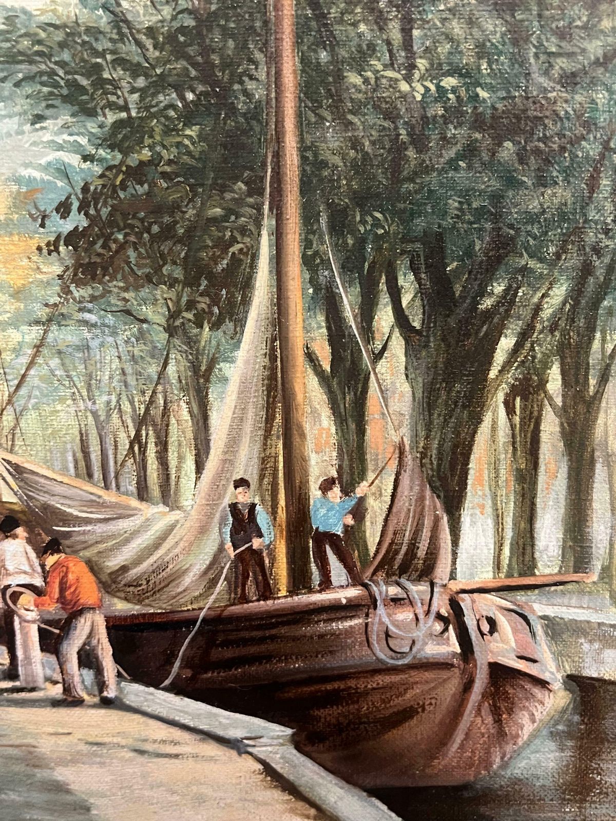 Art Dutch Schoolbusy Dutch Canal Market Scene Large Signed Oil Painting With Figures20th Century photo