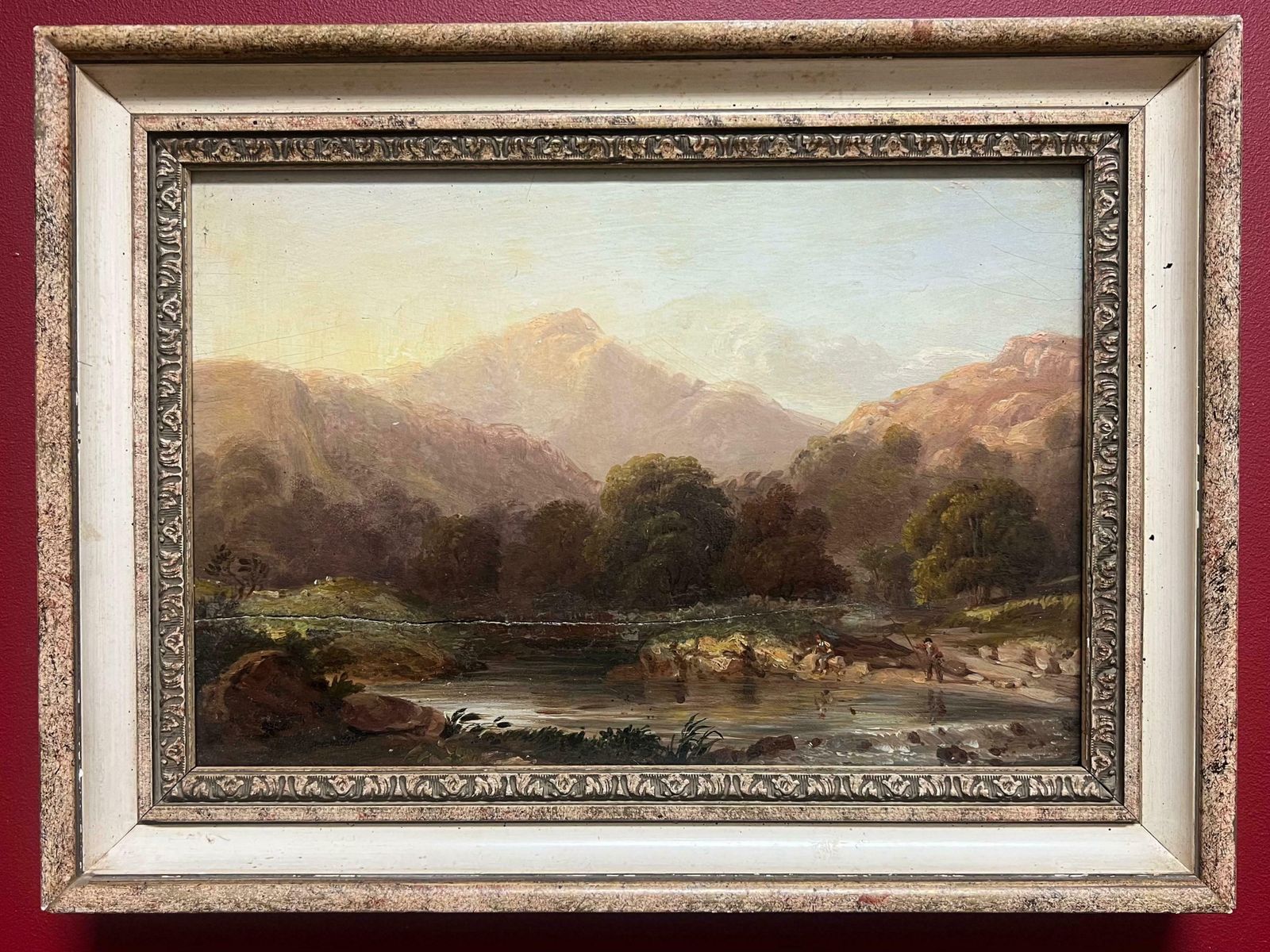 Antique C.1800's Scottish Oil Highland Landscape Anglers Fishing Autumnal River19th Century photo furniture