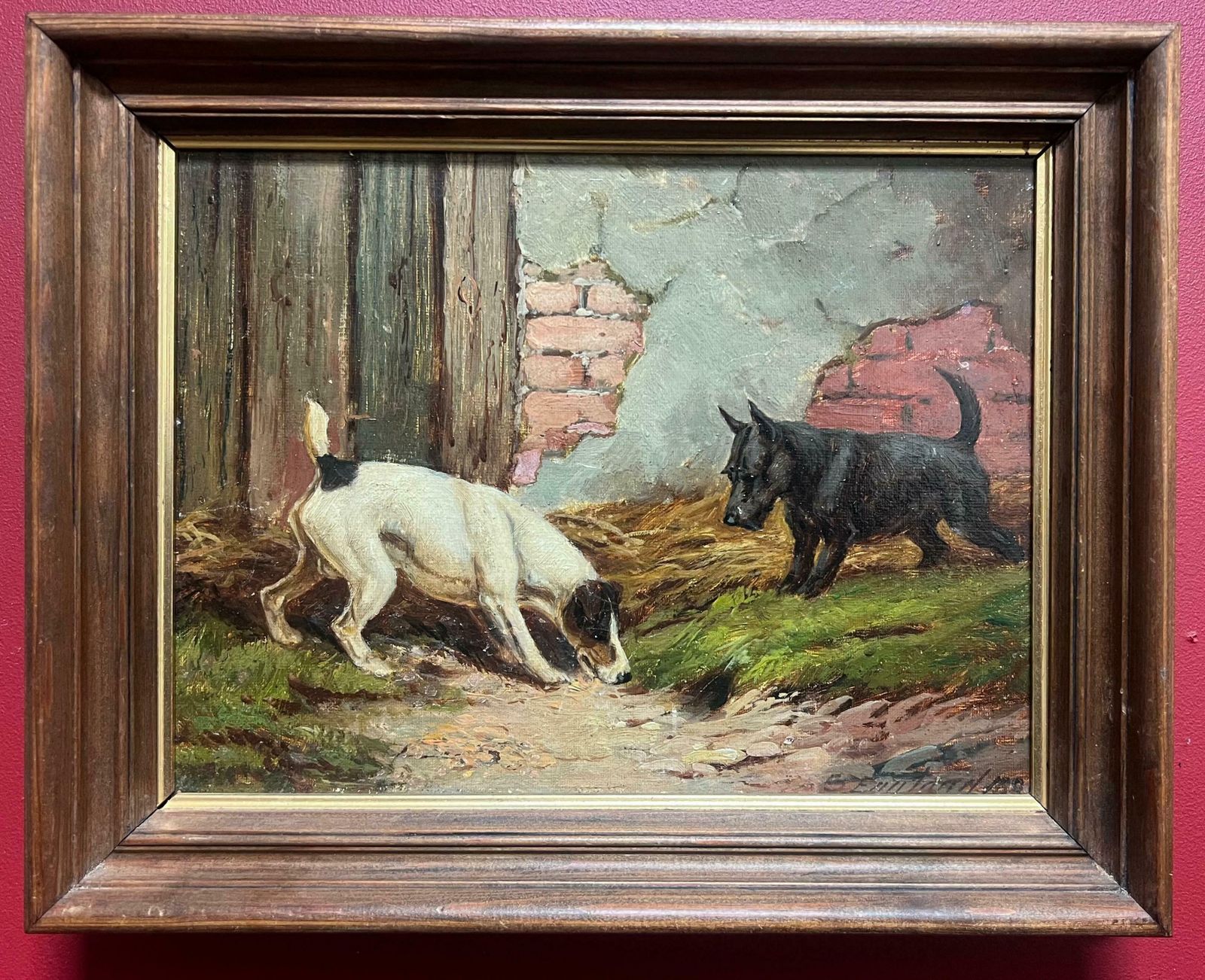 E. S. Englandfine 1890's British Dog Painting Fox Terrier & Scottish Terrier Sniffing In Farm1890 photo Art