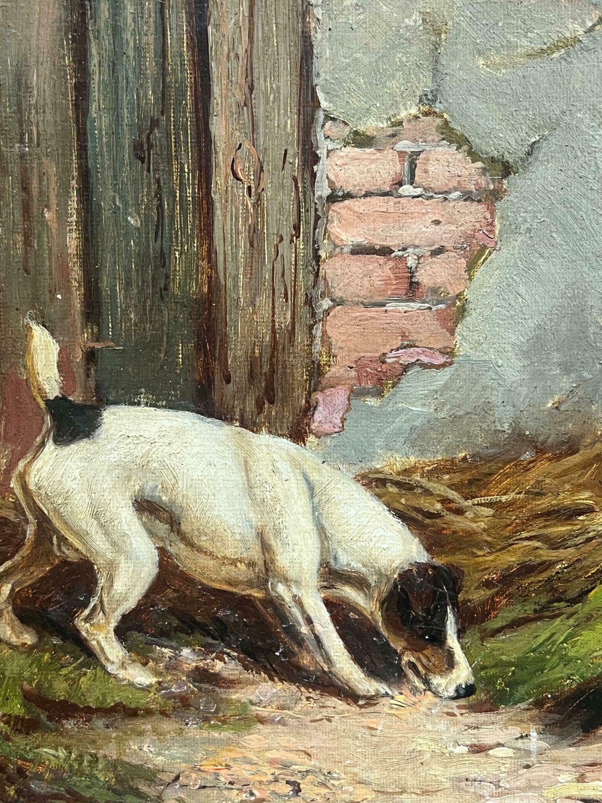 E. S. Englandfine 1890's British Dog Painting Fox Terrier & Scottish Terrier Sniffing In Farm1890 photo vinterior