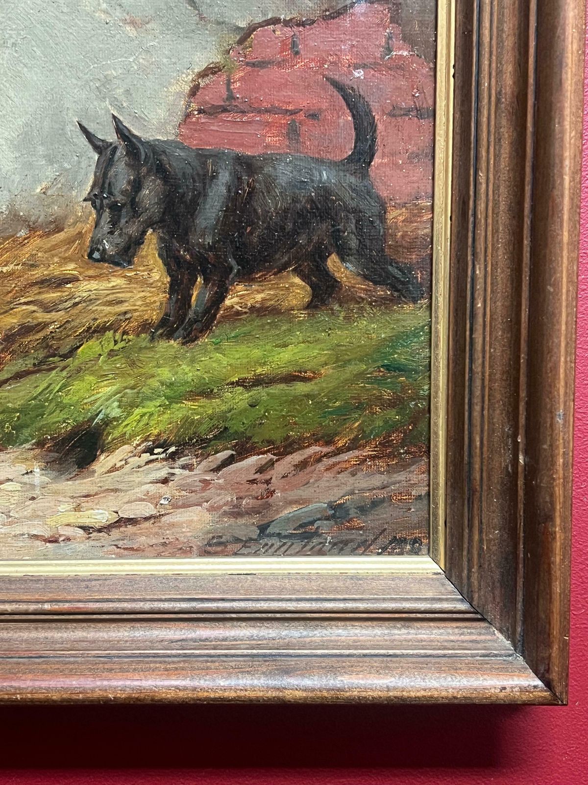 photo furniture E. S. Englandfine 1890's British Dog Painting Fox Terrier & Scottish Terrier Sniffing In Farm1890