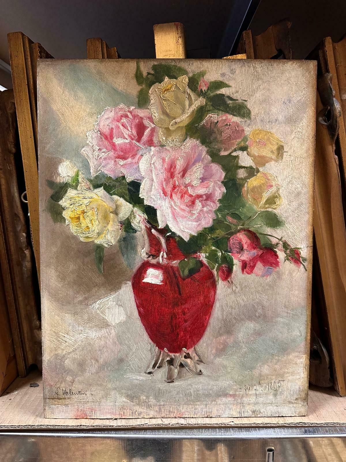 French Late 19th Century Schoolfrench 19th Century Impressionist Oil Roses In Red Vase1890's photo furniture