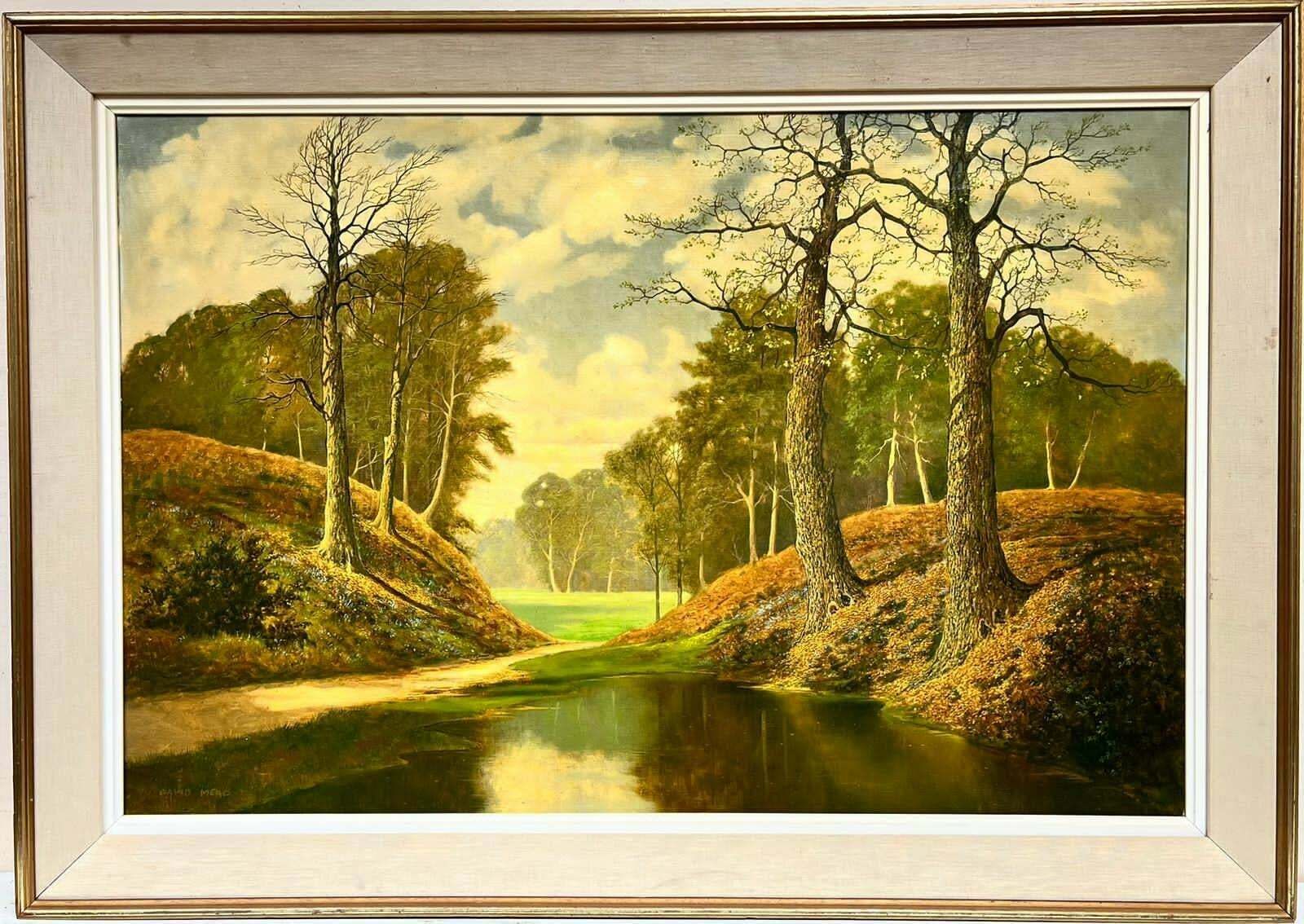 David Meadvery Large British Signed Oil Painting Copper Autumn Woodland Pond Landscape photo furniture