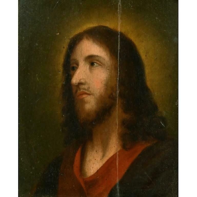 Spanish Old Masterantique Spanish Old Master Oil On Wood Panel, Head Portrait Of Christ photo furniture