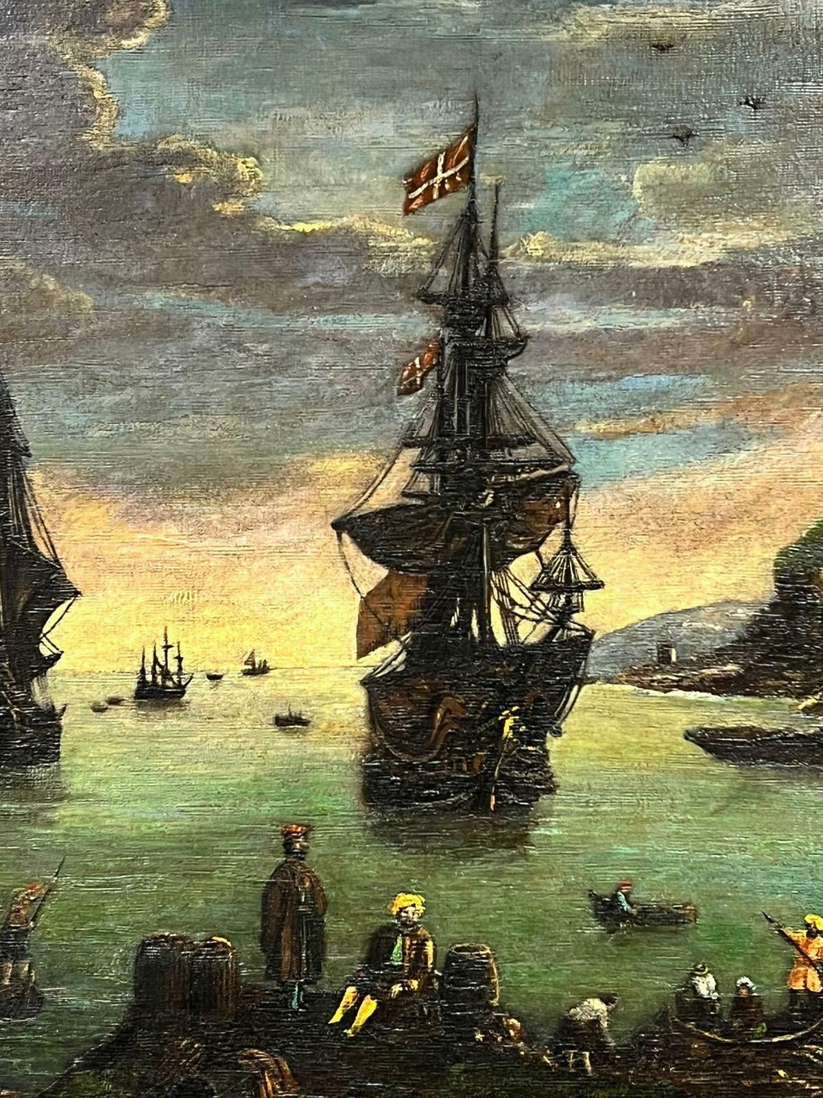 19th Century Schoolhuge European Antique Oil Painting Merchants & Ships In Ancient Trading Port19th Century photo 2400.0