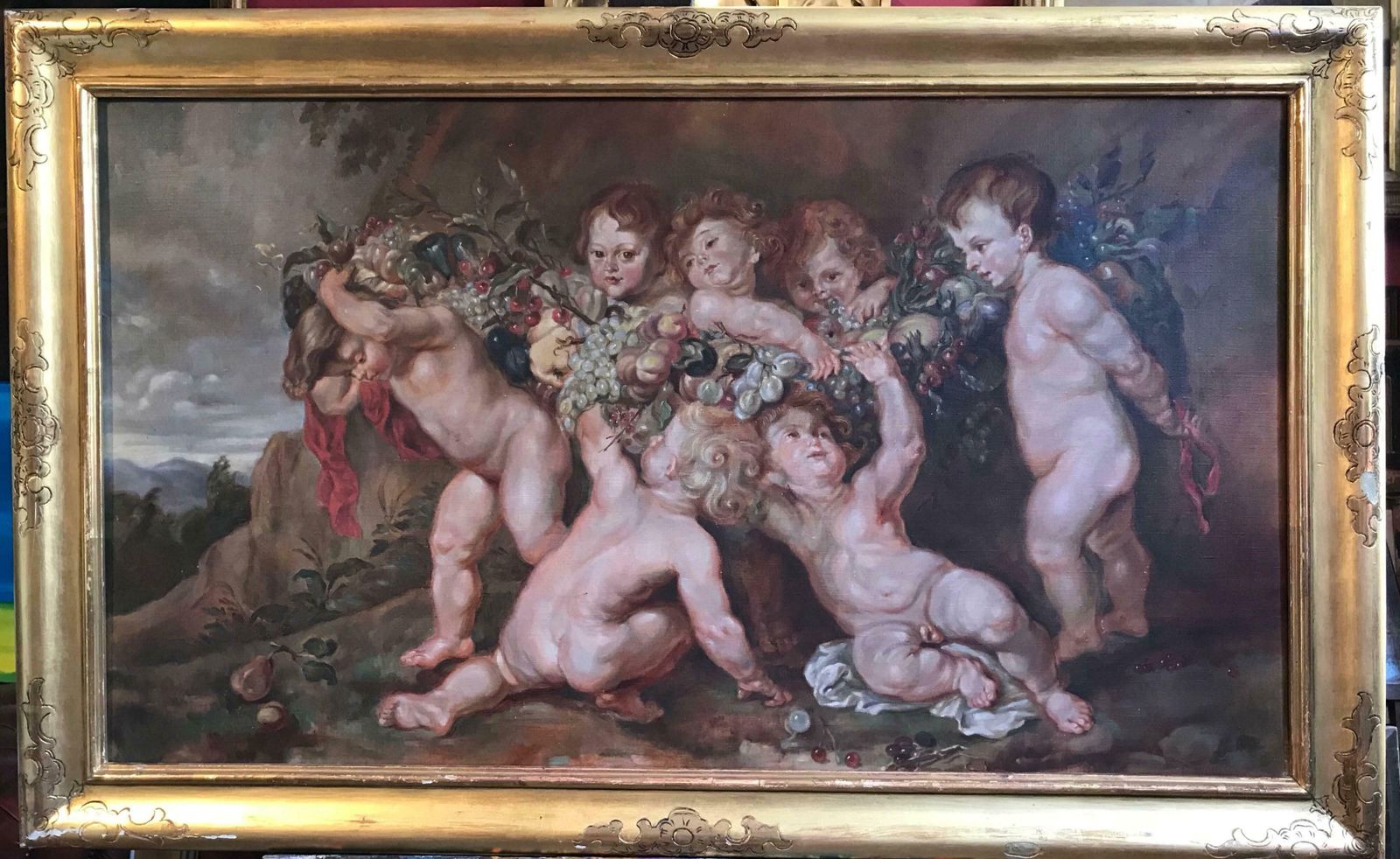 Unknowncupids Playing Very Large Bacchanal Rococo Scene Antique Oil Paintingc.1900's photo furniture