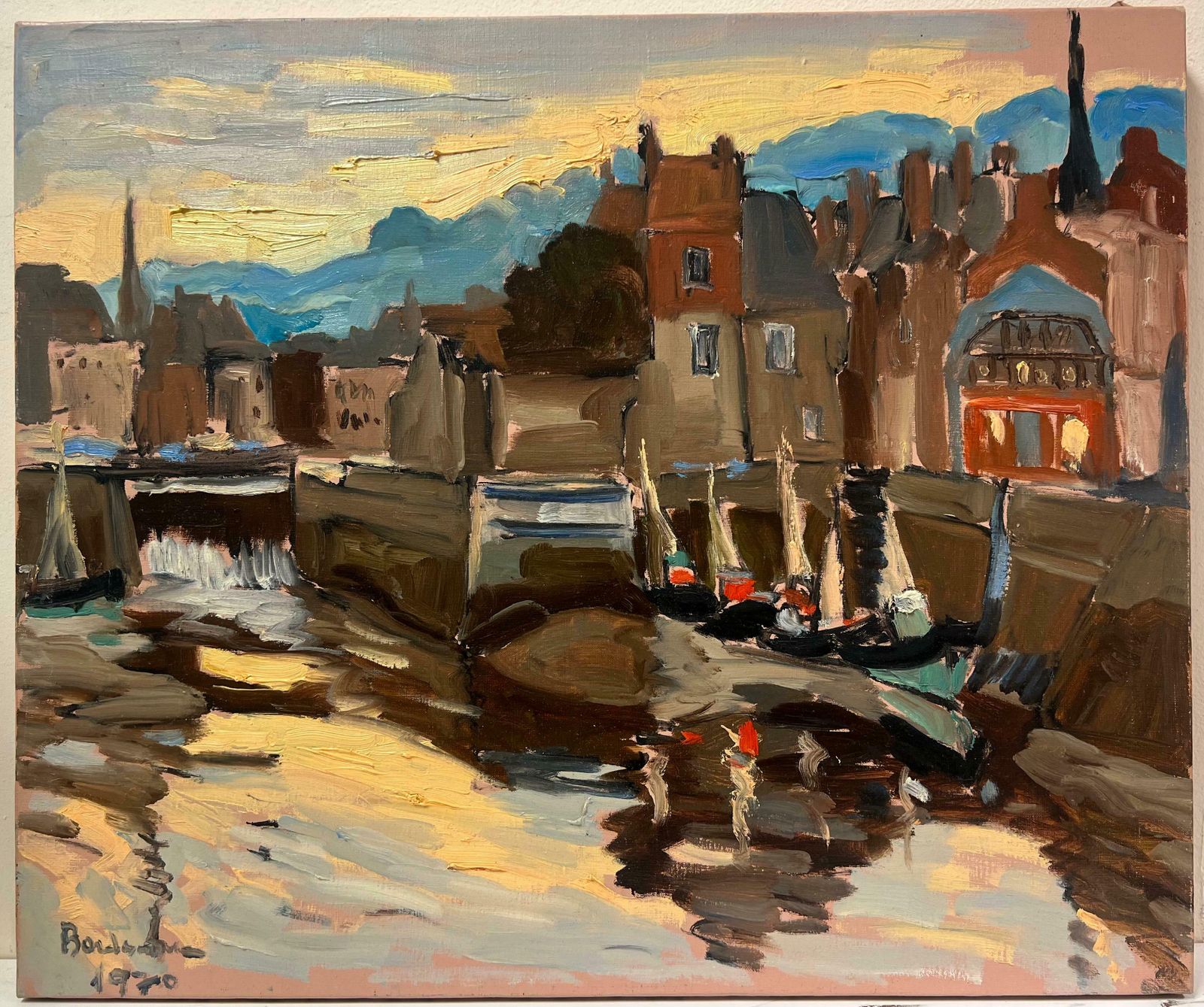 Georges Bordonovelarge French 1970's Oil Painting Honfleur Harbour At Sunset With Boats1970 photo furniture