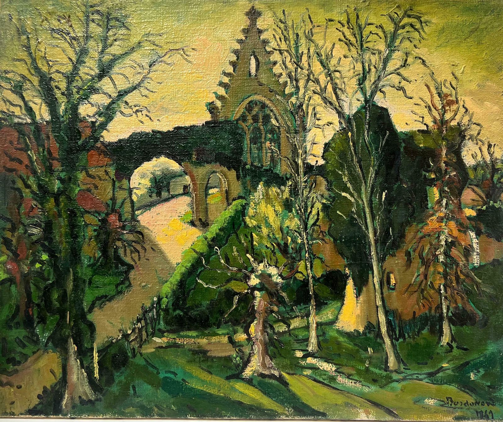 Georges Bordonovelarge French 1960's Oil Painting Old French Village With Ancient Buildings