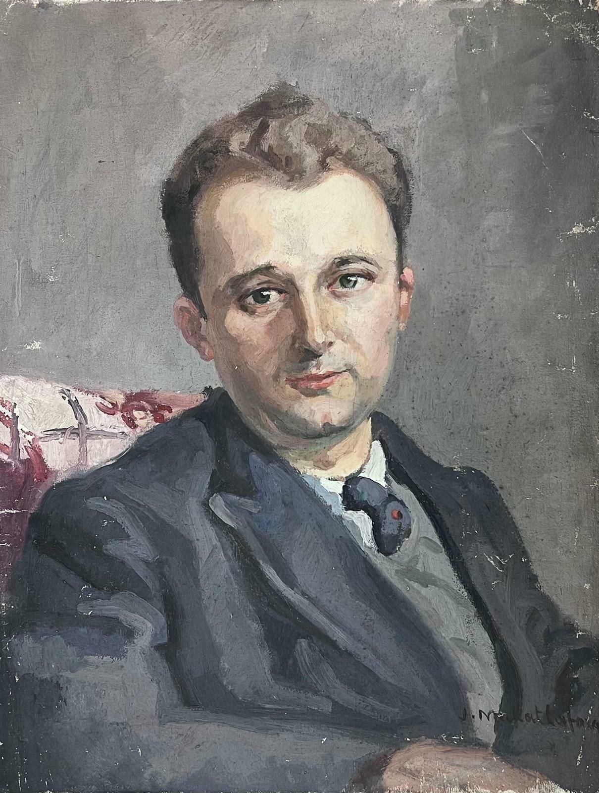 Jean Laforgue1930's French Portrait Of Young Man In Suit & Tie Oil Painting On Canvas
