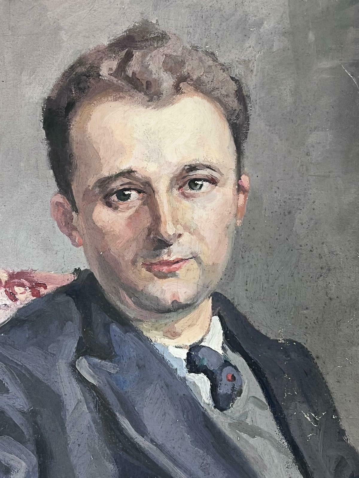 Jean Laforgue1930's French Portrait Of Young Man In Suit & Tie Oil Painting On Canvas photo vinterior