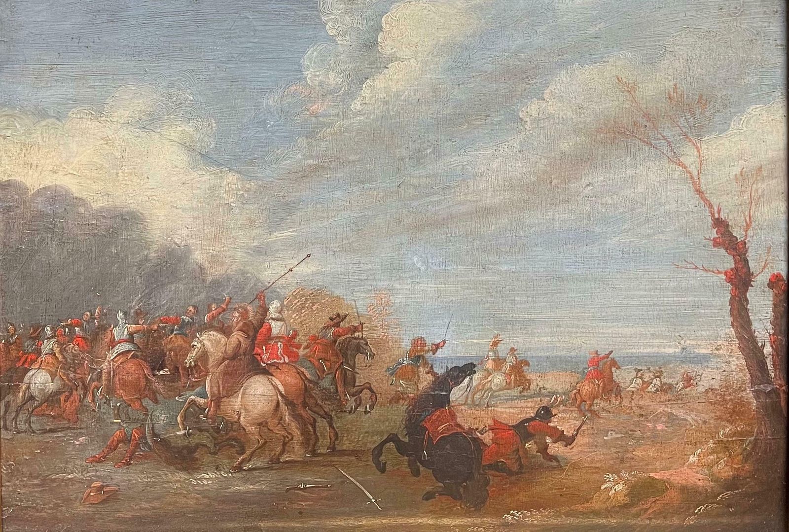 17th Century Flemish Old Master Oil On Panel Cavalry Skirmish Soldiers & Horses1650 photo furniture