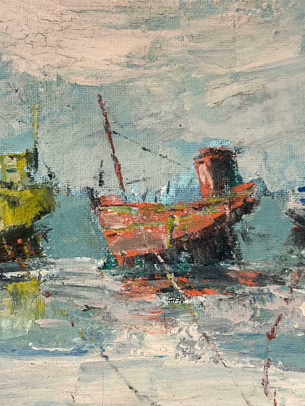 Fanch Leltrio Of Colorful Fishing Boats Floating On Tranquil Waters Under Clouded Sky20th Century photo for sale