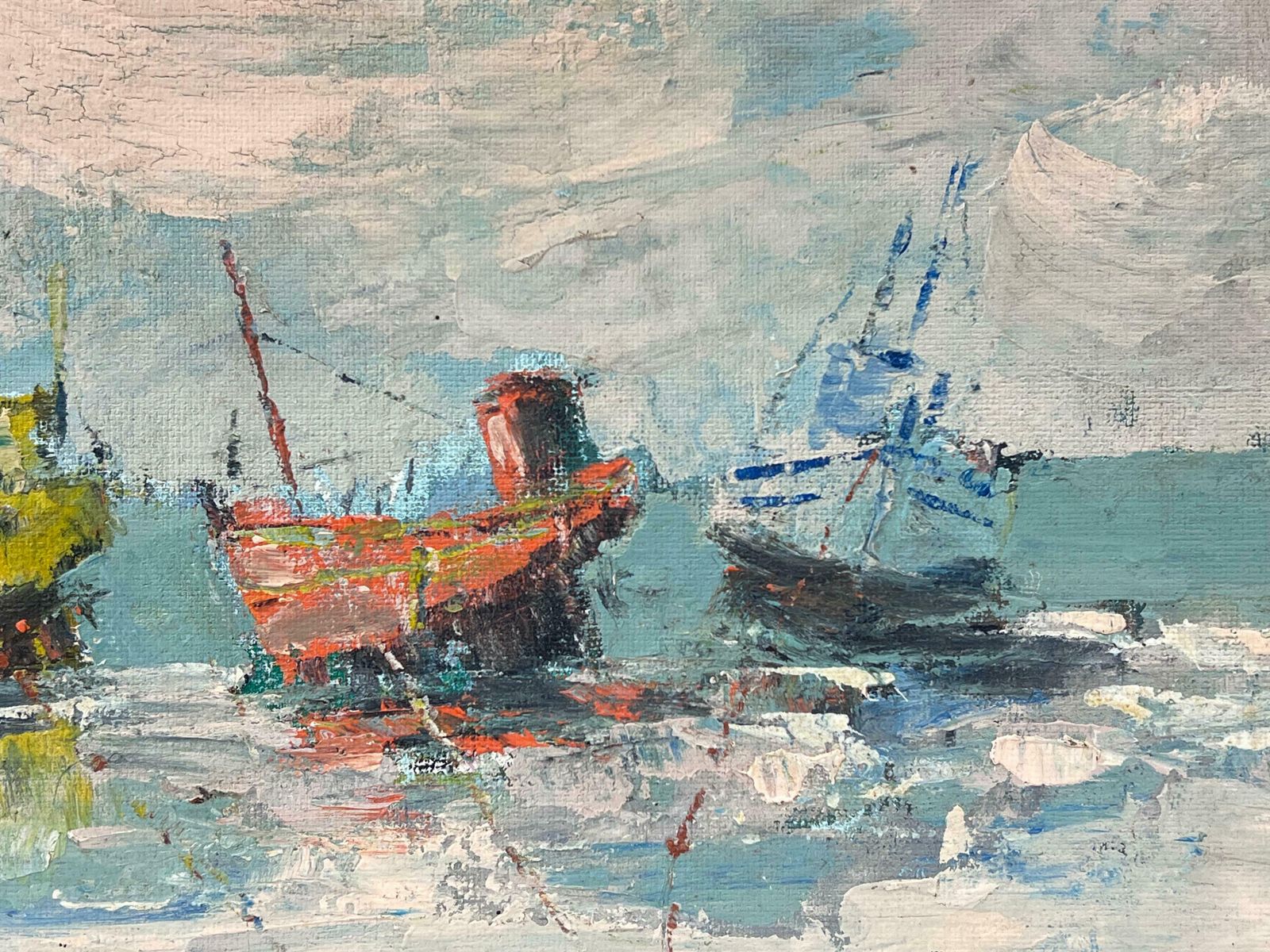 Fanch Leltrio Of Colorful Fishing Boats Floating On Tranquil Waters Under Clouded Sky20th Century photo vinterior