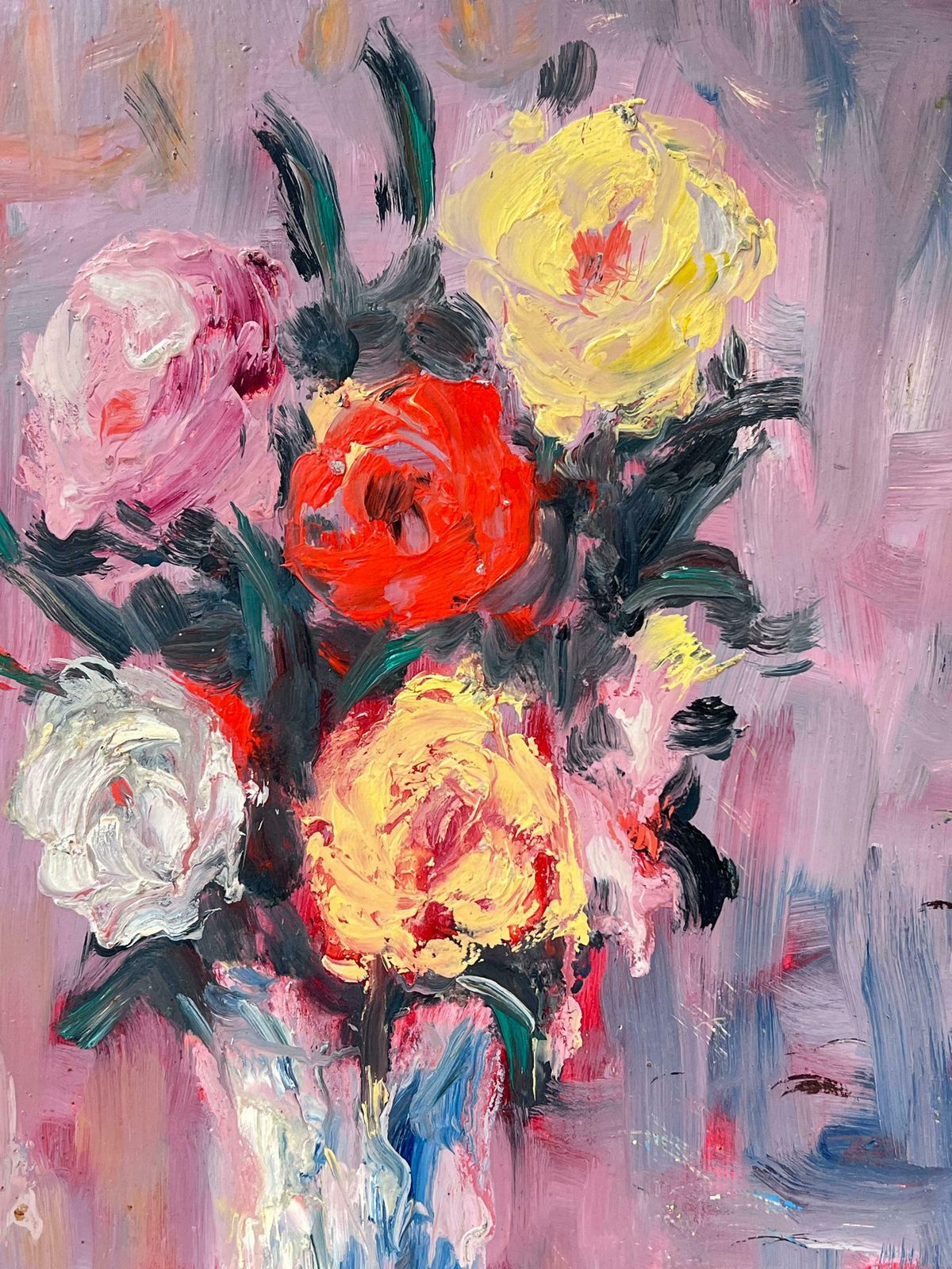 Fanch Lelcolourful Rose Bouquet In White Vase Original French Still Life Oil Painting 20th Century photo for sale
