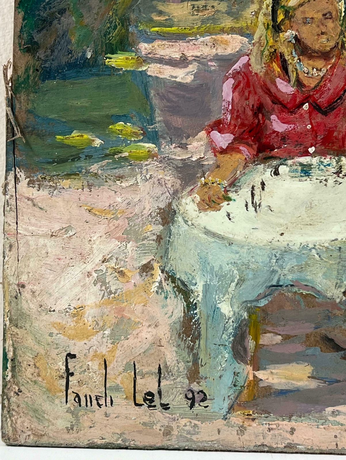 Fanch Lelelegant Couple In French Summers Day Garden Cafe Oil Painting20th Century photo for sale