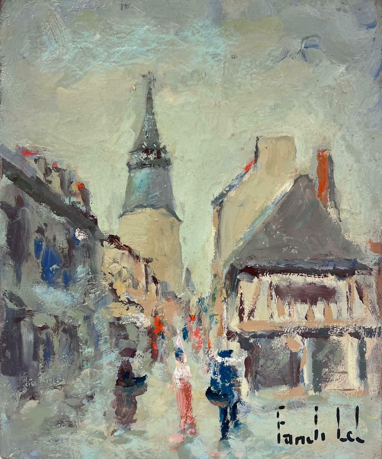 Fanch Lelfigures In Dinan Brittany Townscape With Towering Spire And Rustic Charm 20th Century