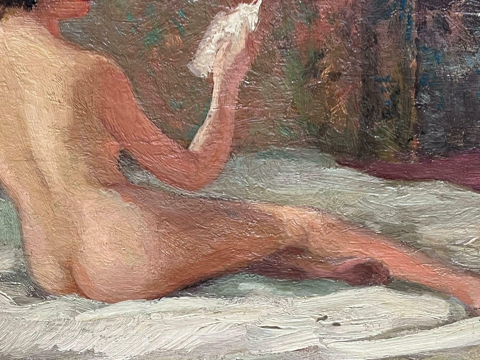 French Schoolmid Century French Oil Painting Nude Lady On Bed Reading, Signed & Framed photo Art