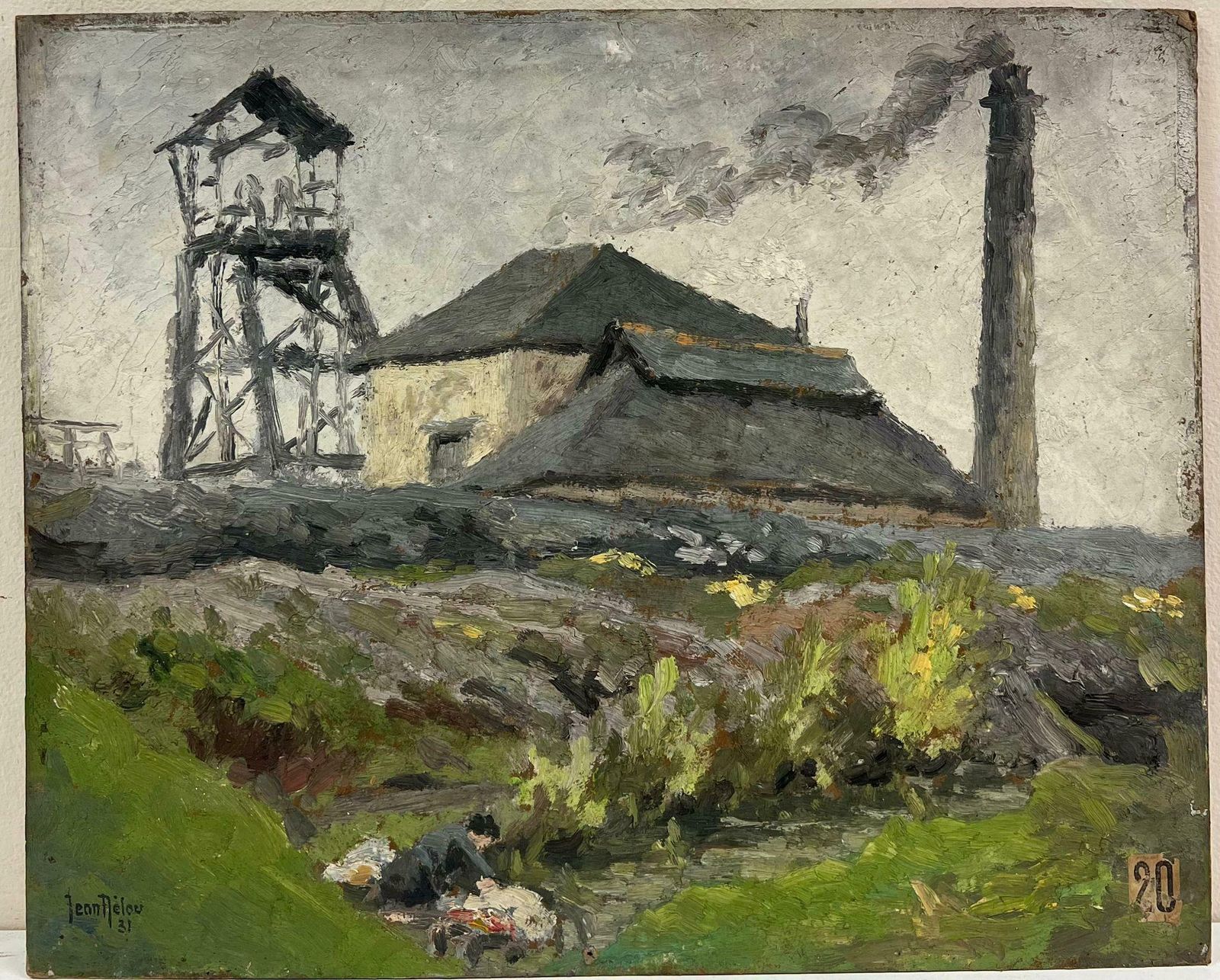 1930's French Impressionistfigure Washing In Country Stream Next To Industrial Building French Signed Oil 1931 photo for sale