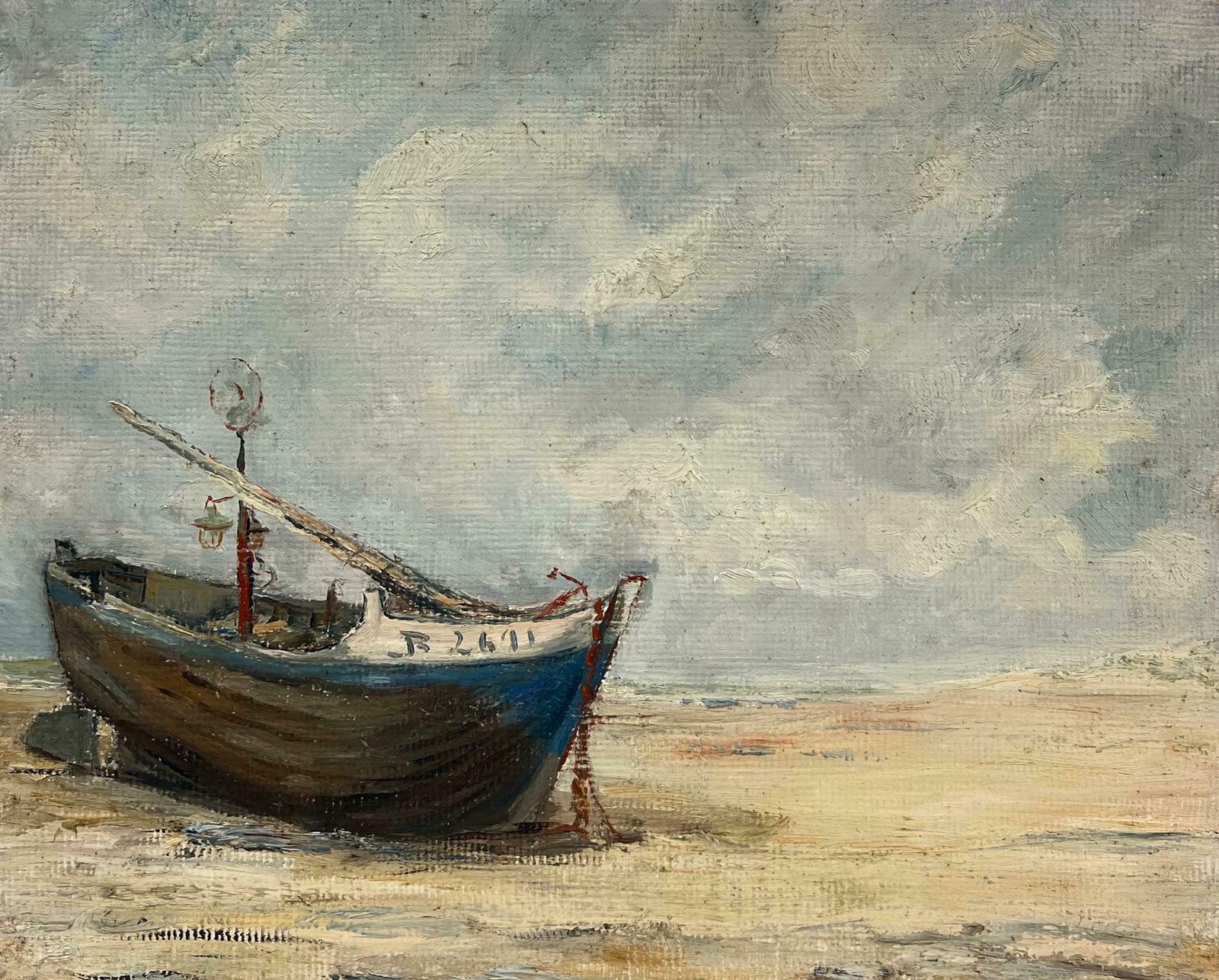 Simone Forge1930's French Impressionist Beached Blue Fishing Boat Under Cloudy Skies19th Century