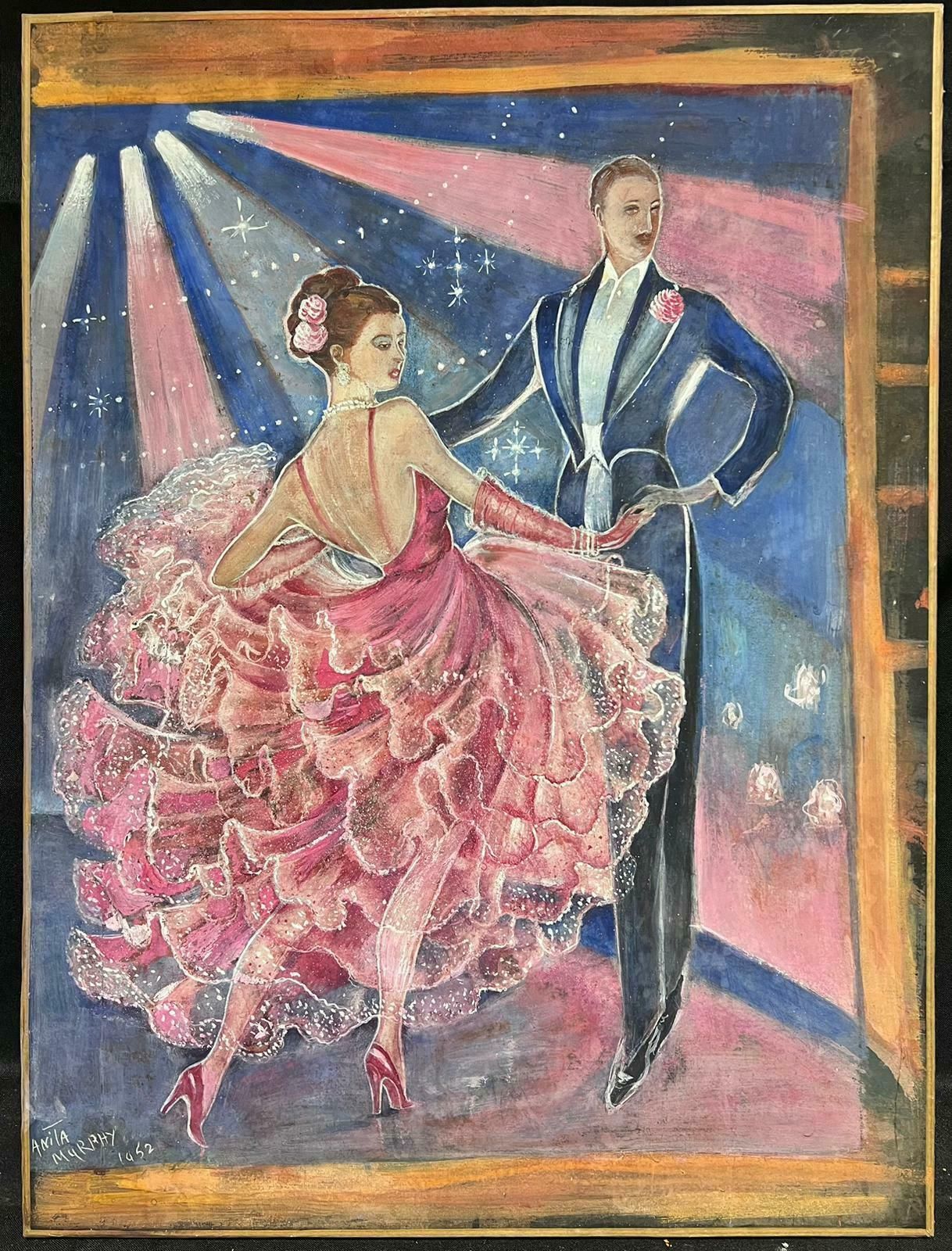 French School1930's French Signed Oil Portrait Of Danièle Darrieux Elegant Ballroom Dancing1952 photo for sale