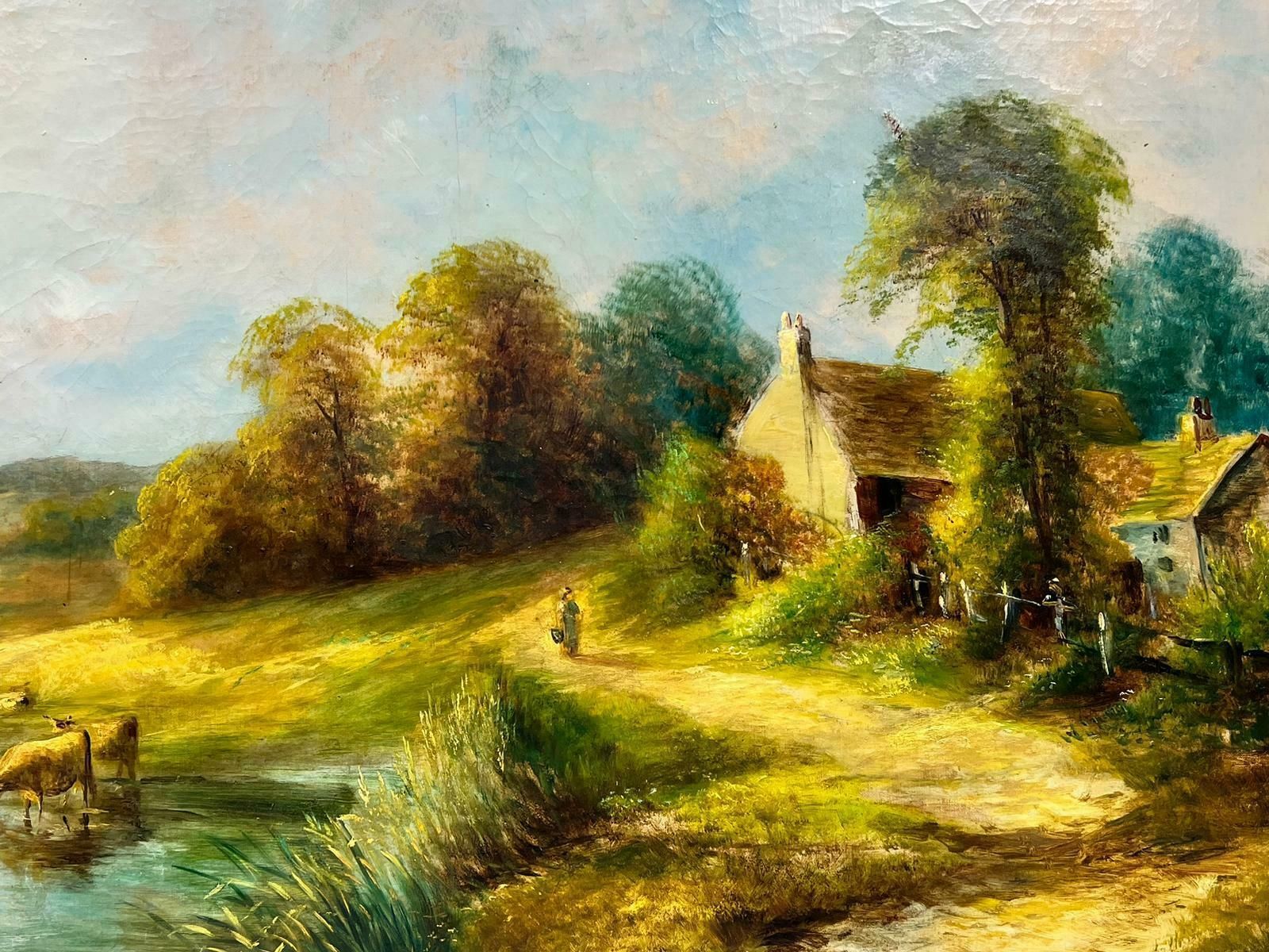 Antique Englishvery Large Antique English Oil Tranquil Rural Landscape Cattle Watering River photo furniture
