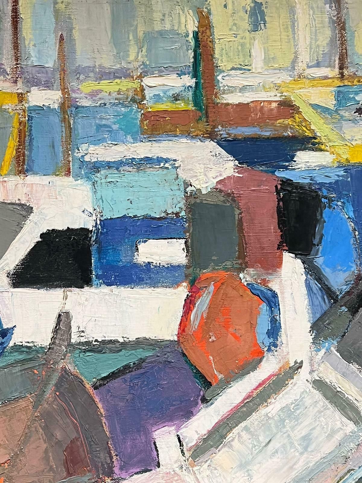 Marguerite Lacrouxhuge Mid 20th Century French Cubist Signed Oil Fisherman With Boats Harbor Quay photo for sale
