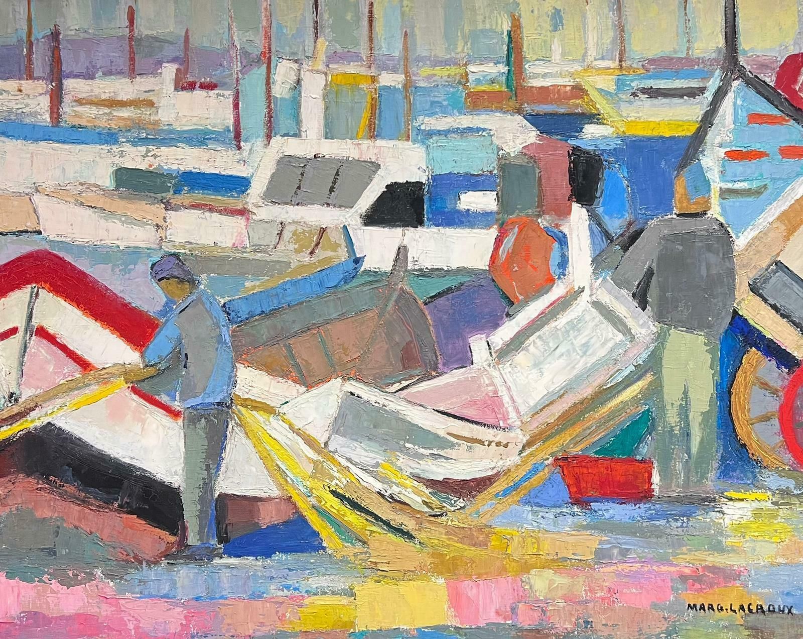 Marguerite Lacrouxhuge Mid 20th Century French Cubist Signed Oil Fisherman With Boats Harbor Quay photo vintage