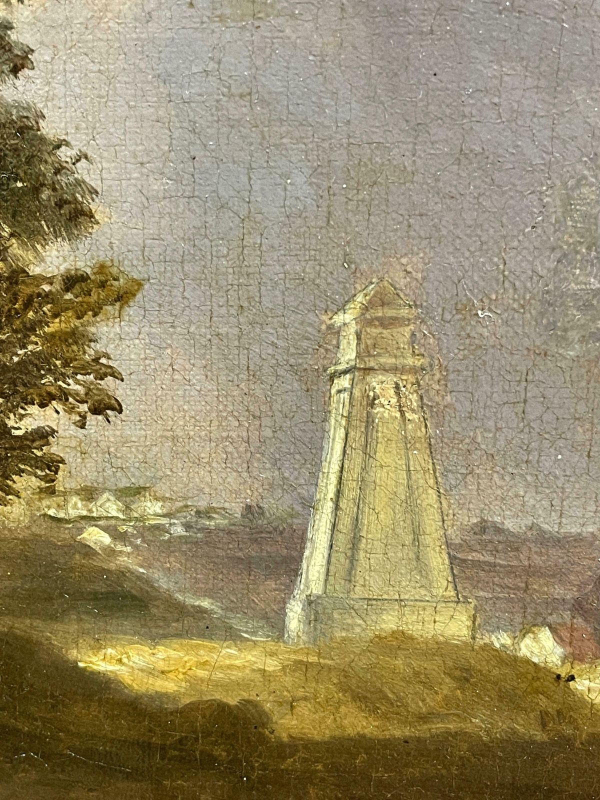 4501.0 1850's Englishwaterloo Battlefield With 3 Monuments   Butte Du Lion, Antique Oil Painting19th Century photo