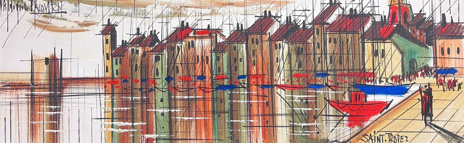 French Schoolst Tropez Harbor France Large 1970's French Modernist Oil Painting On Canvas1970
