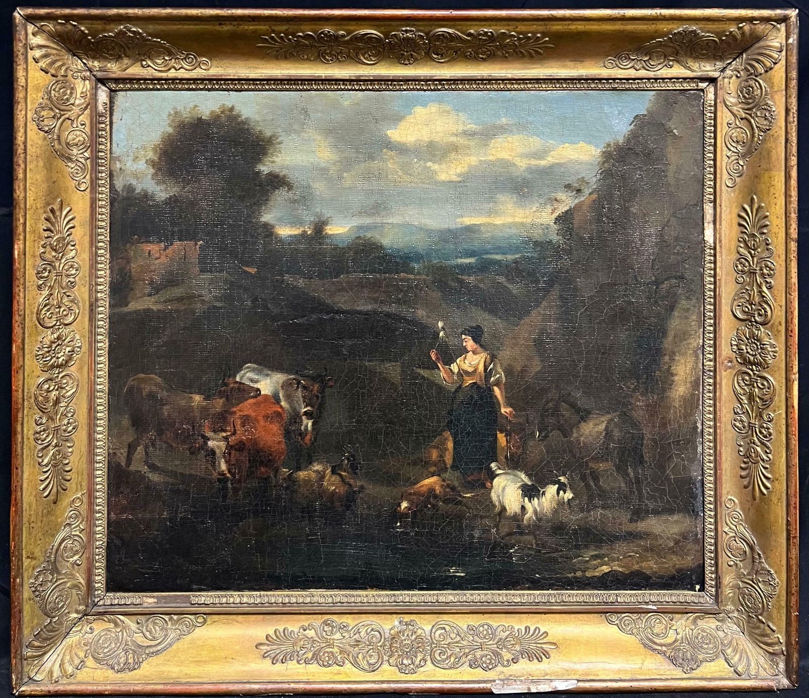 Large 17th Century Dutch Old Master Oil Painting Figures Animals Landscape17th Century
